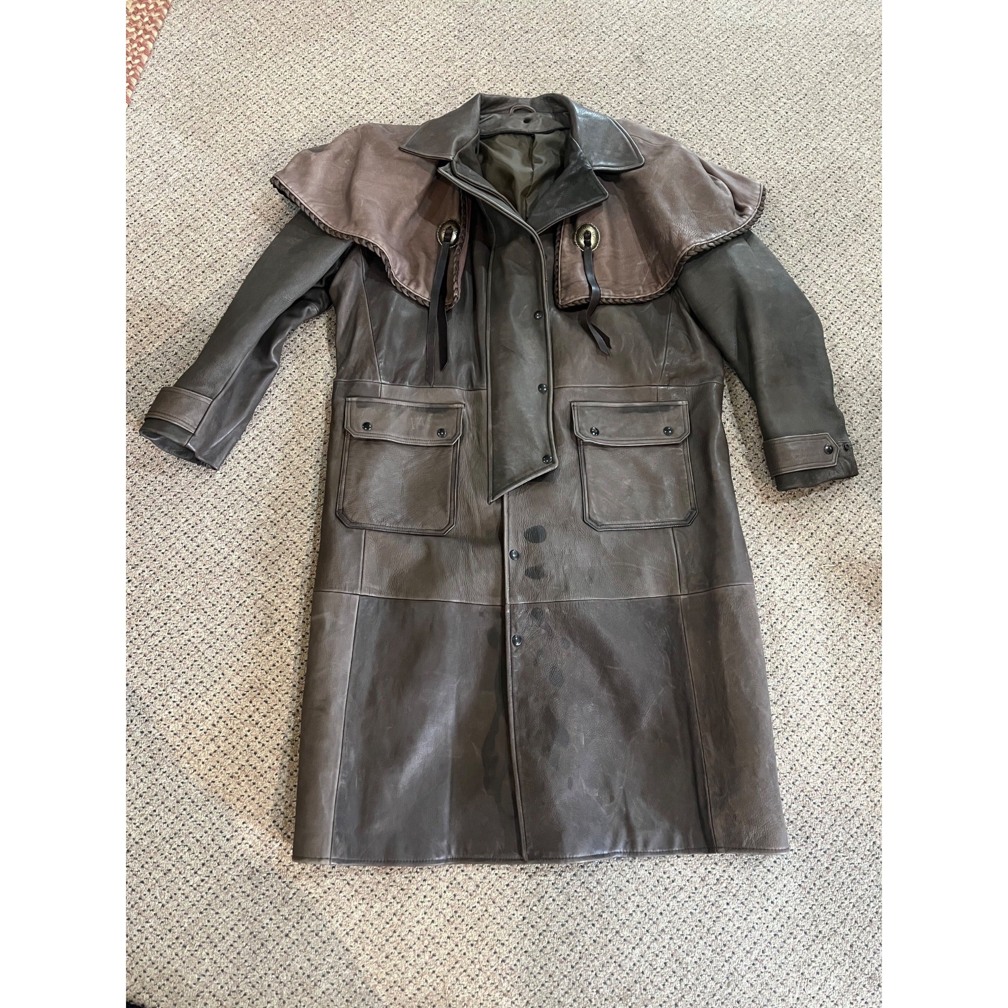 Vintage Distressed Cowhide Leather Duster Western Trench Coat Handmade USA