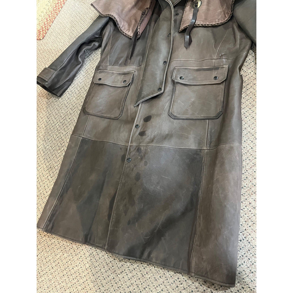 Vintage Distressed Cowhide Leather Duster Western Trench Coat Handmade USA