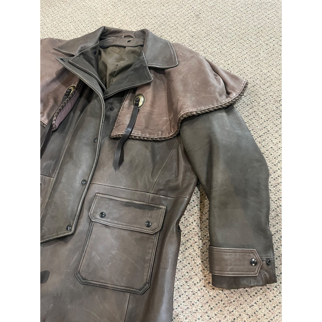 Vintage Distressed Cowhide Leather Duster Western Trench Coat Handmade USA