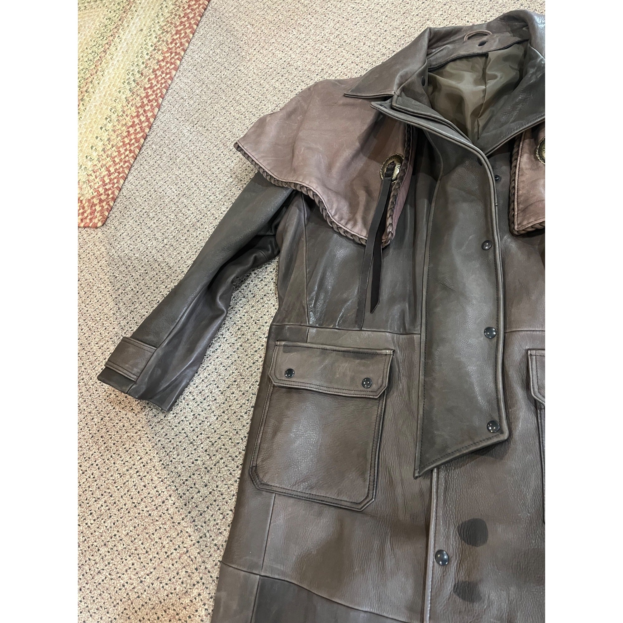 Vintage Distressed Cowhide Leather Duster Western Trench Coat Handmade USA