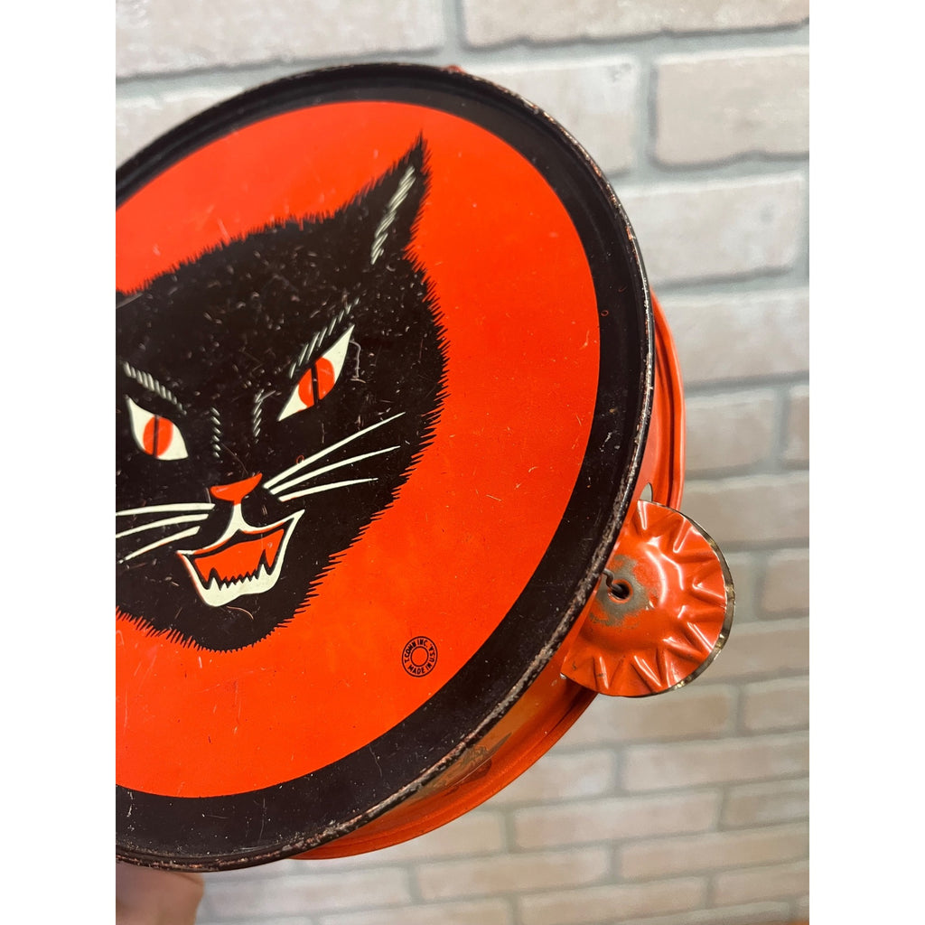 Vintage Halloween Tin Litho Tambourine Noisemaker Black Cat -- T. Conn