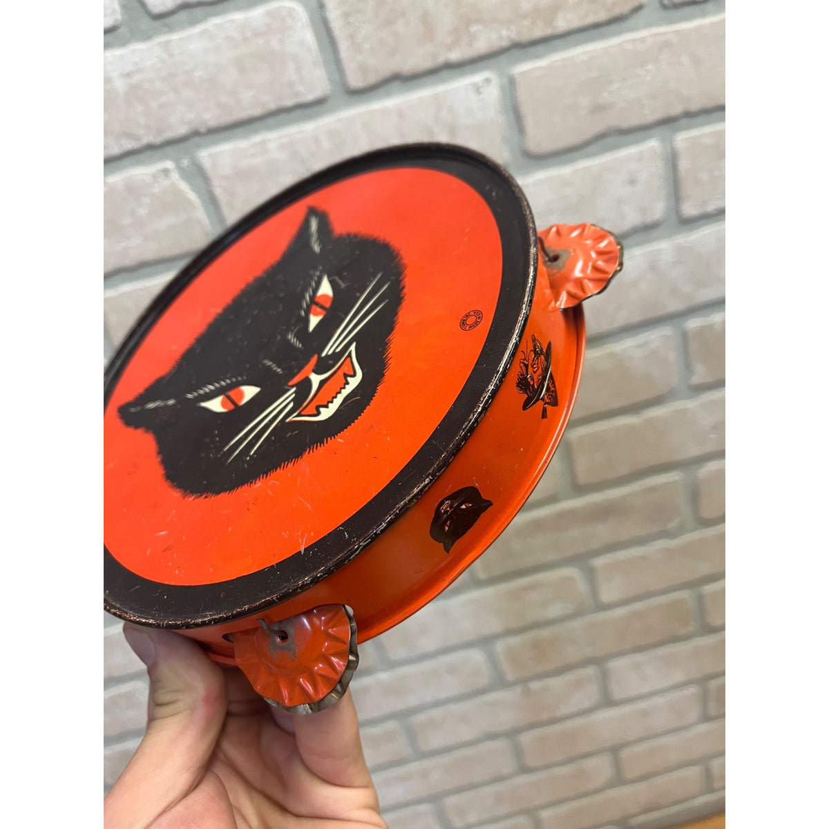 Vintage Halloween Tin Litho Tambourine Noisemaker Black Cat -- T. Conn