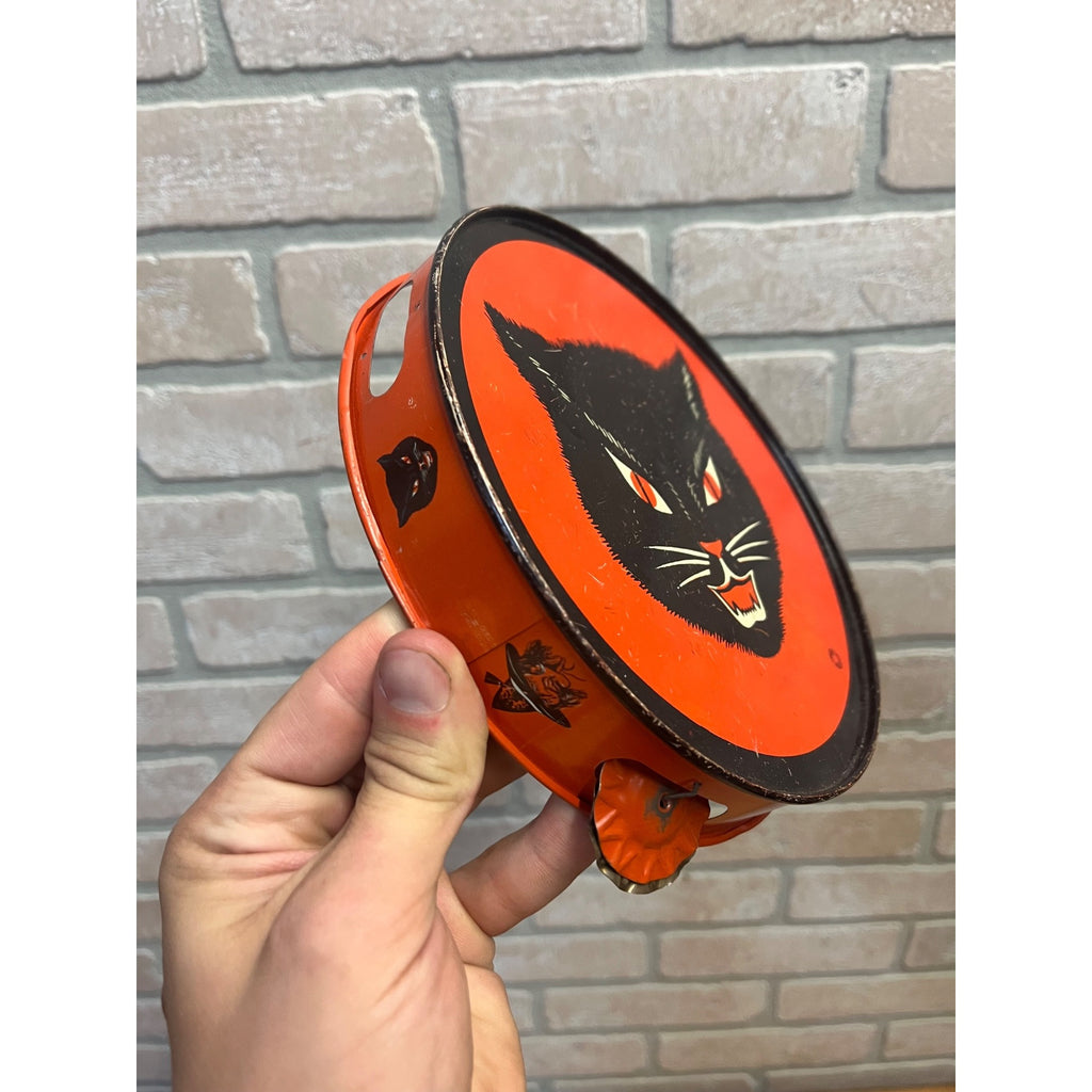 Vintage Halloween Tin Litho Tambourine Noisemaker Black Cat -- T. Conn