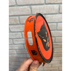 Vintage Halloween Tin Litho Tambourine Noisemaker Black Cat -- T. Conn