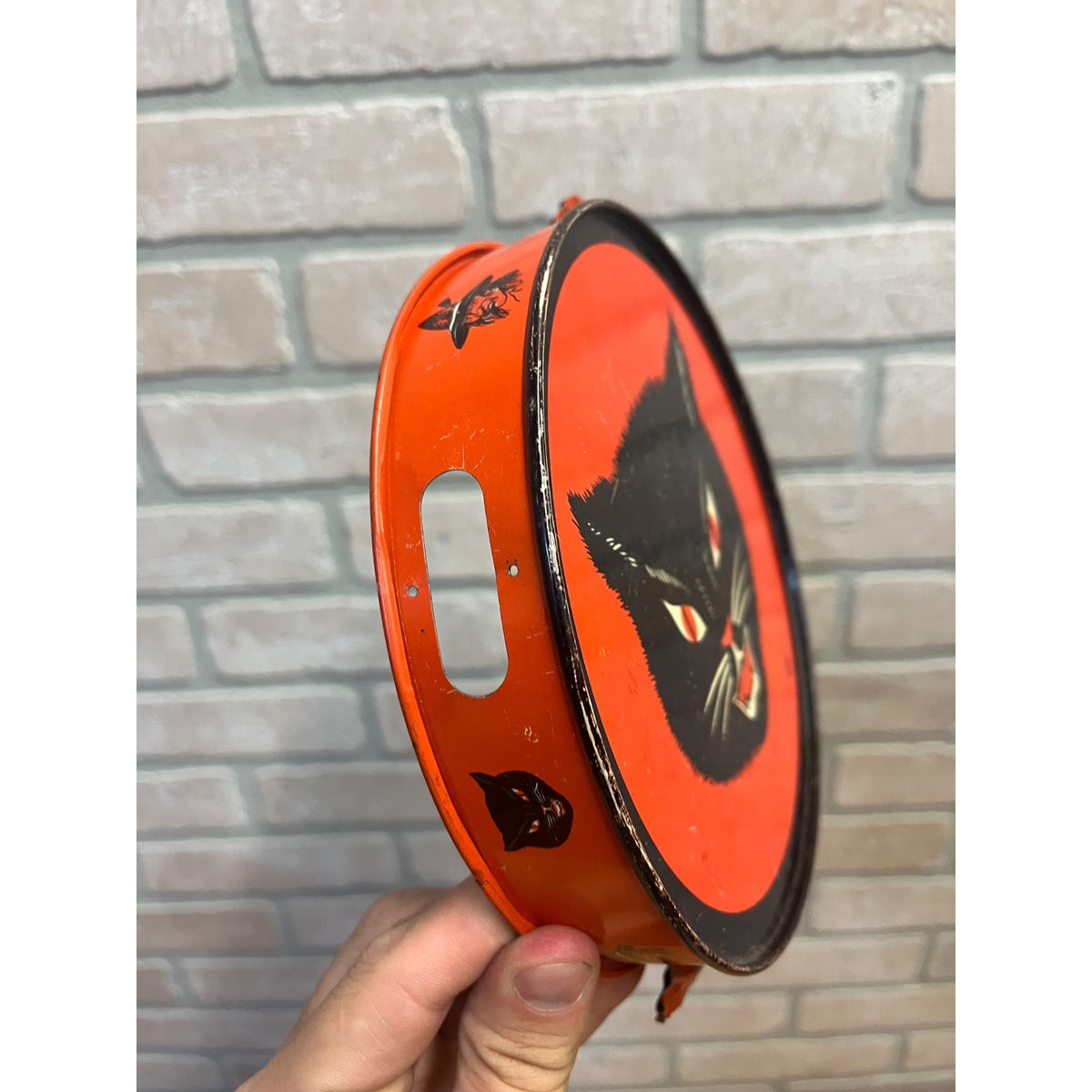 Vintage Halloween Tin Litho Tambourine Noisemaker Black Cat -- T. Conn