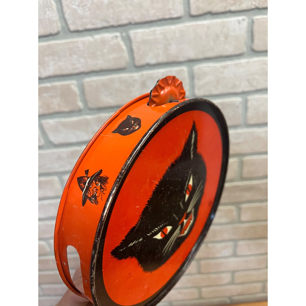 Vintage Halloween Tin Litho Tambourine Noisemaker Black Cat -- T. Conn