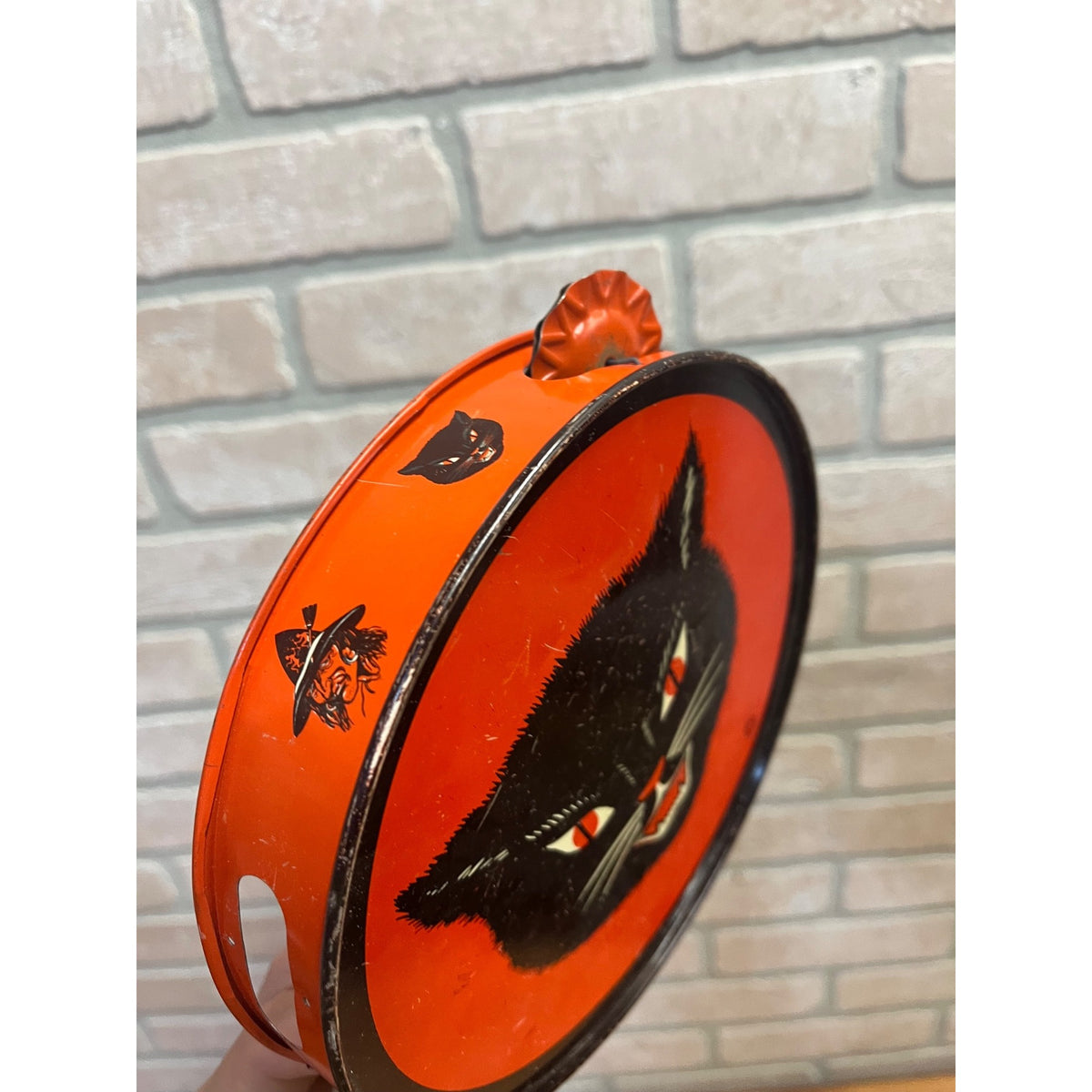 Vintage Halloween Tin Litho Tambourine Noisemaker Black Cat -- T. Conn