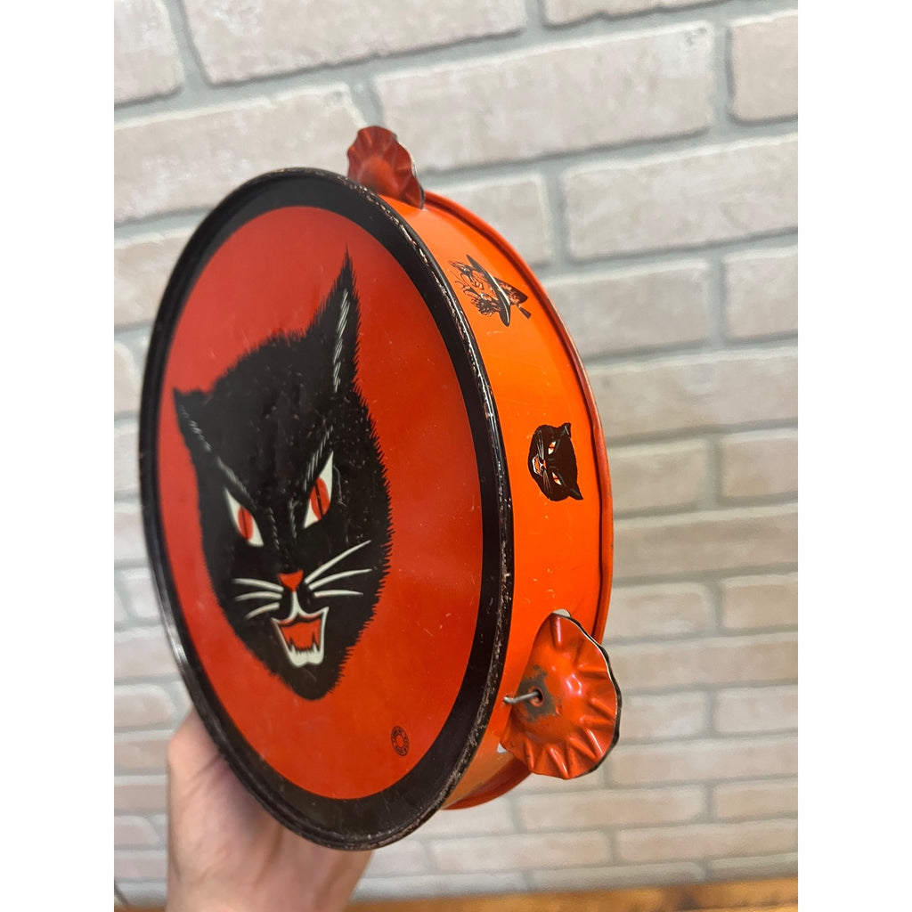 Vintage Halloween Tin Litho Tambourine Noisemaker Black Cat -- T. Conn