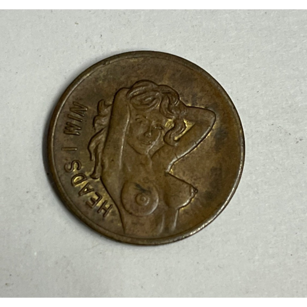 Vintage 'Heads I Win - Tails You Lose' Flip Token Coin Brass Adult Novelty Girl