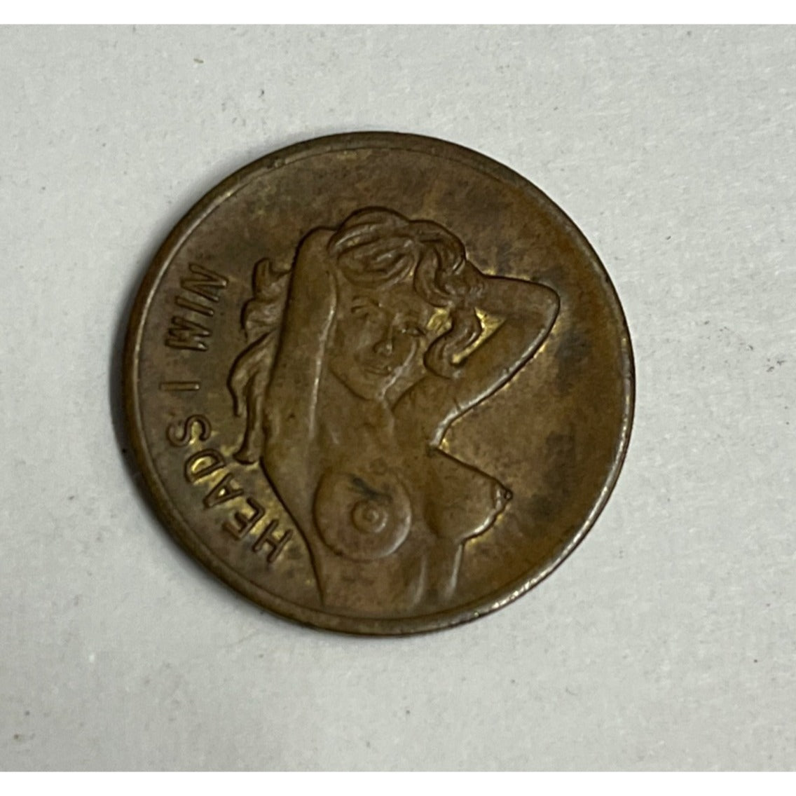 Vintage 'Heads I Win - Tails You Lose' Flip Token Coin Brass Adult Novelty Girl