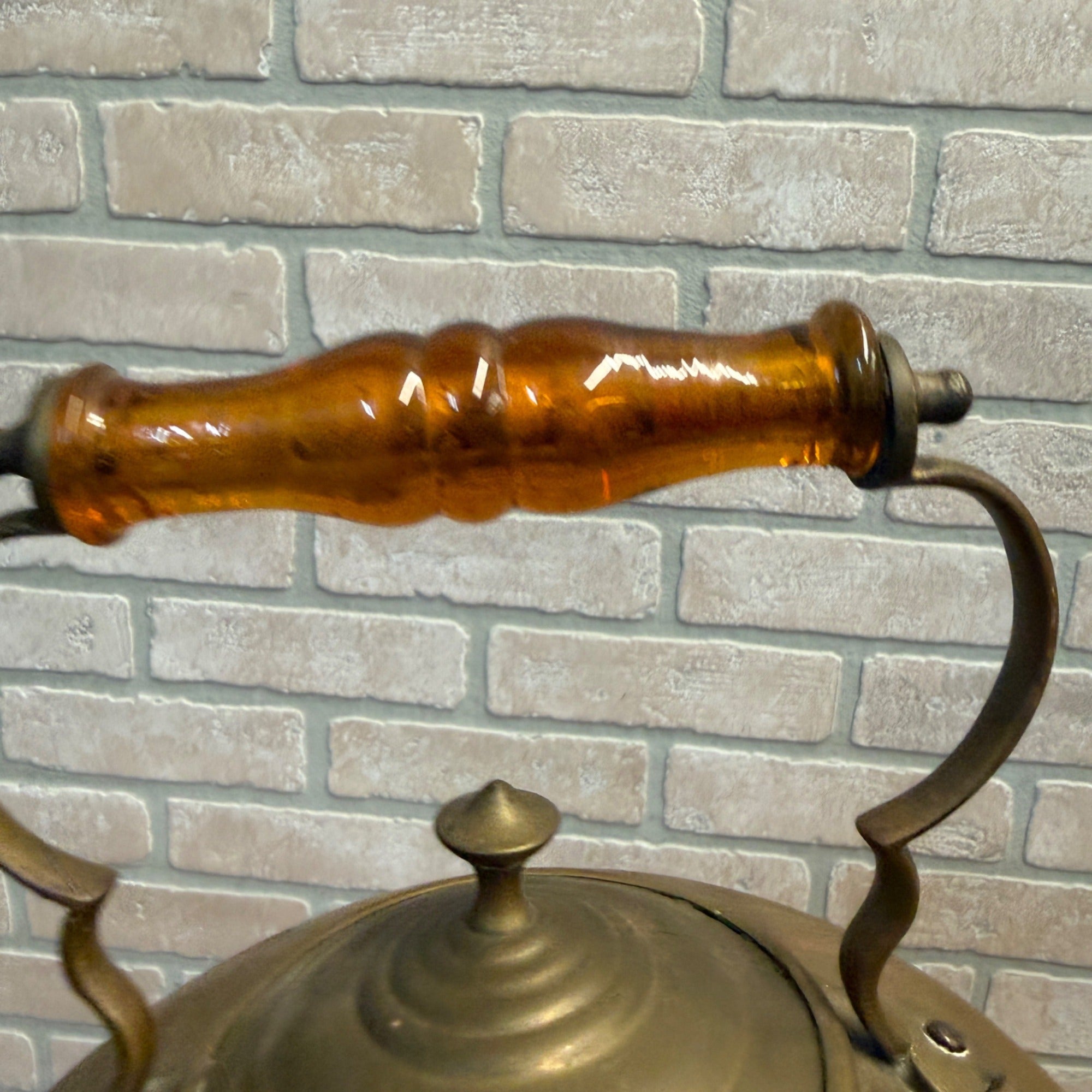 Vintage Copper Tea Kettle / Teapot With Amber Glass Handle and Bun Feet / Primitive Kitchen Decor / Moroccan