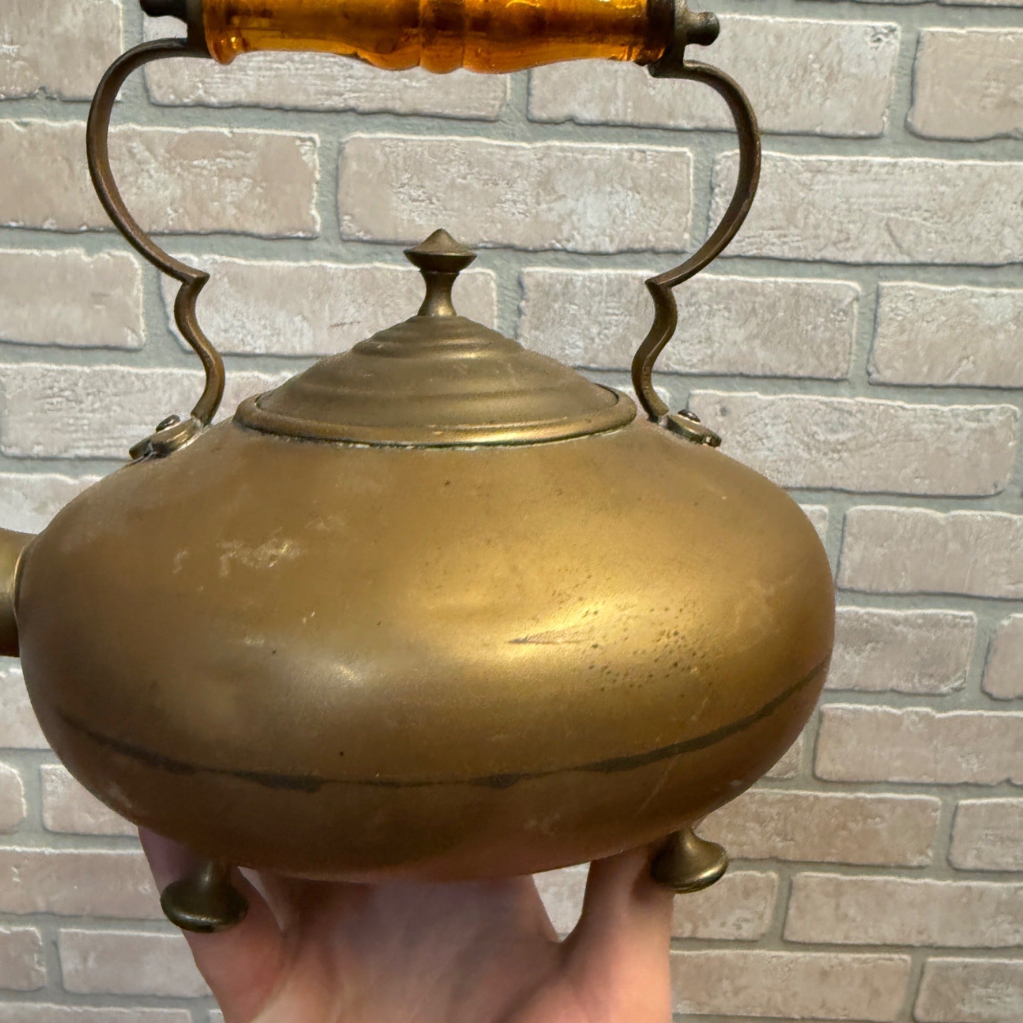 Vintage Copper Tea Kettle / Teapot With Amber Glass Handle and Bun Feet / Primitive Kitchen Decor / Moroccan