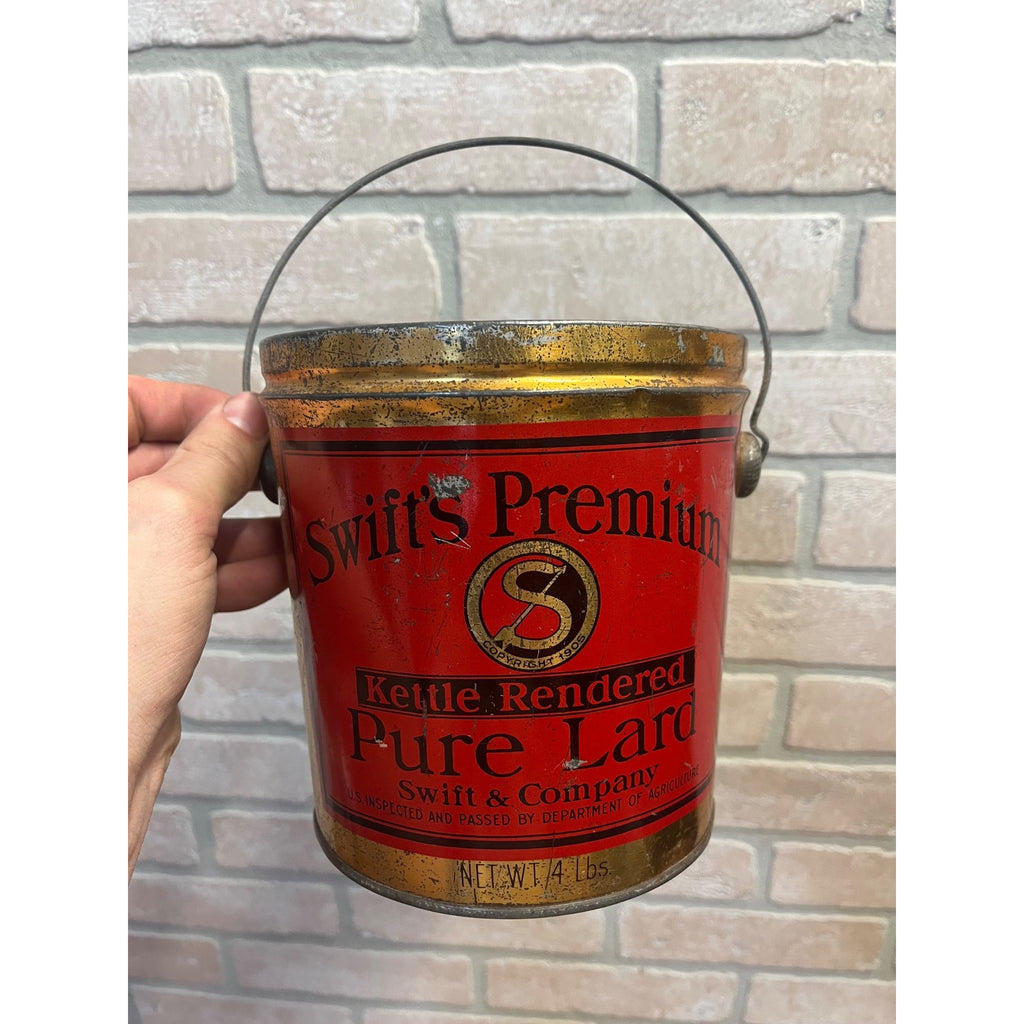 Vintage Swift's Premium Kettle Rendered Pure Lard Bucket Tin Pail Advertising