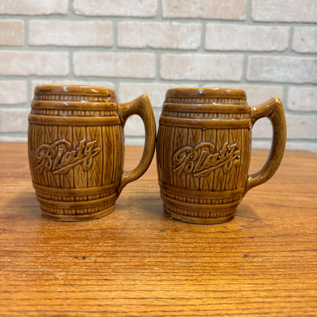 Vintage Blatz Beer Barrel Brown Ceramic Mug Stein Glazed Pottery Pair Lot (2)