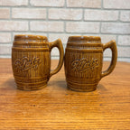 Vintage Blatz Beer Barrel Brown Ceramic Mug Stein Glazed Pottery Pair Lot (2)