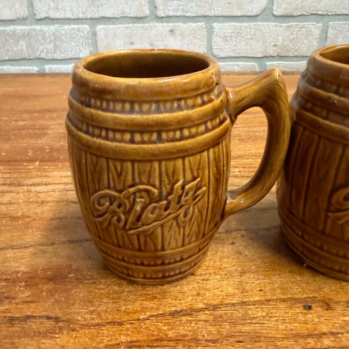Vintage Blatz Beer Barrel Brown Ceramic Mug Stein Glazed Pottery Pair Lot (2)