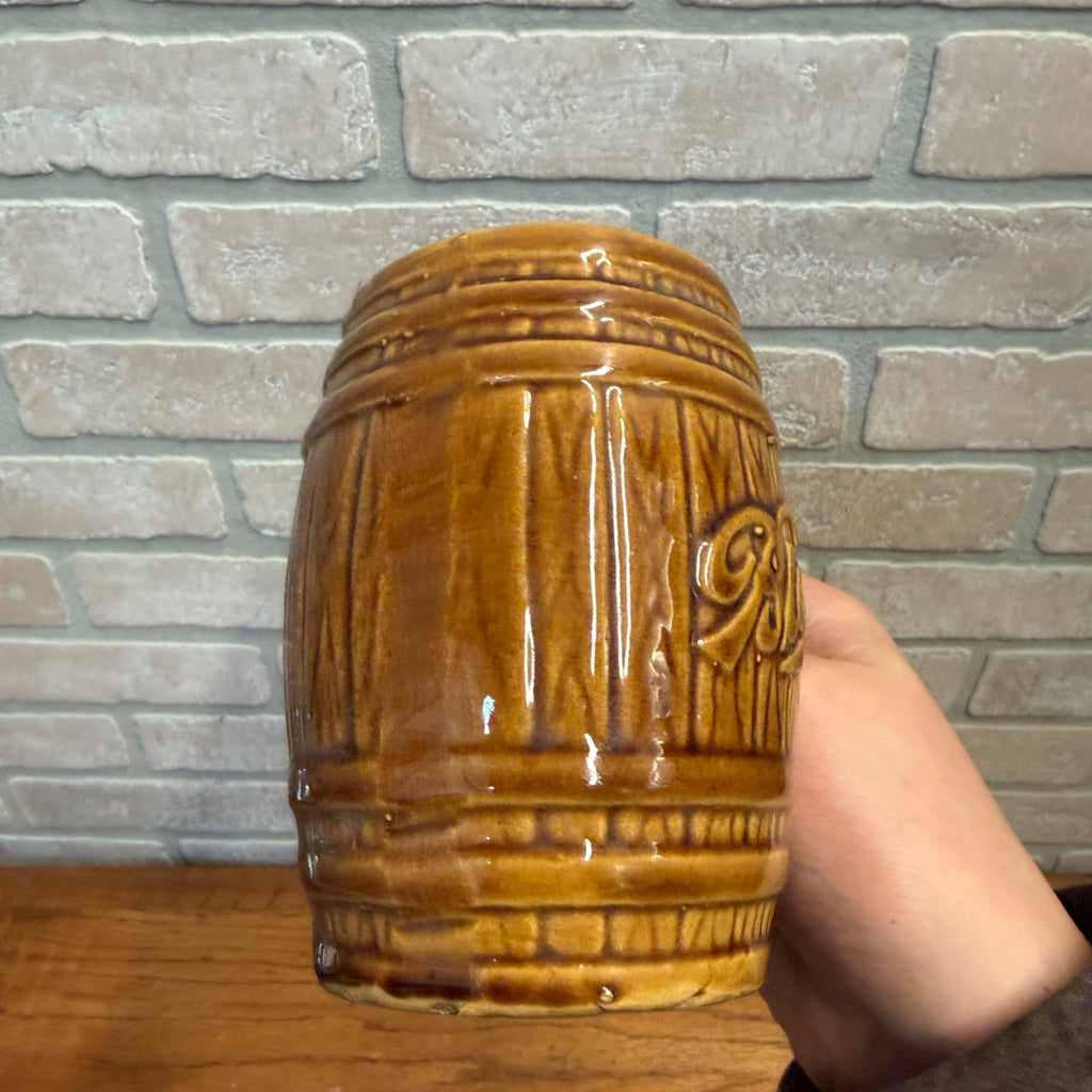 Vintage Blatz Beer Barrel Brown Ceramic Mug Stein Glazed Pottery Pair Lot (2)