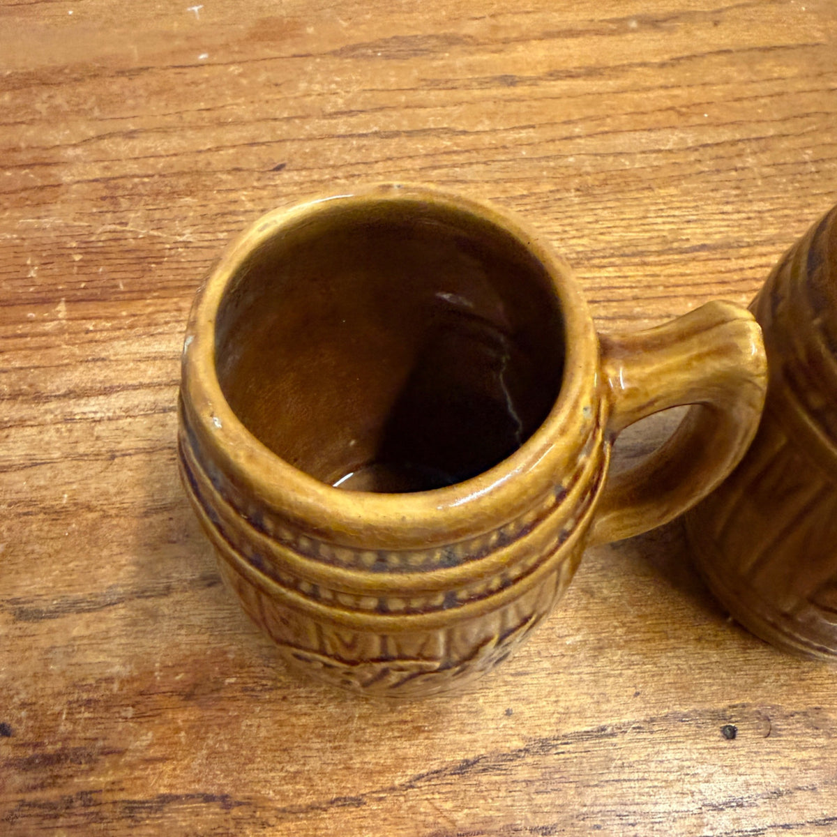 Vintage Blatz Beer Barrel Brown Ceramic Mug Stein Glazed Pottery Pair Lot (2)