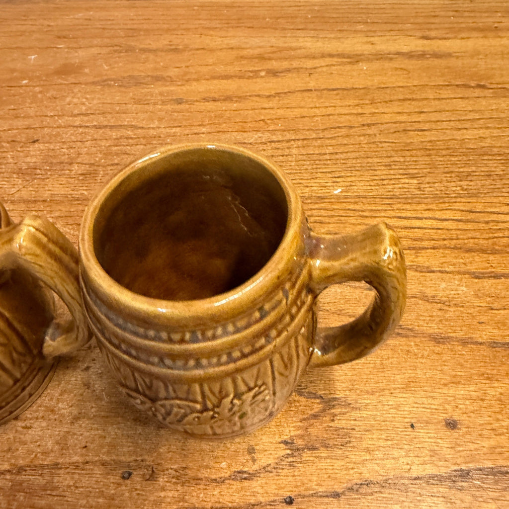 Vintage Blatz Beer Barrel Brown Ceramic Mug Stein Glazed Pottery Pair Lot (2)