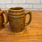 Vintage Blatz Beer Barrel Brown Ceramic Mug Stein Glazed Pottery Pair Lot (2)