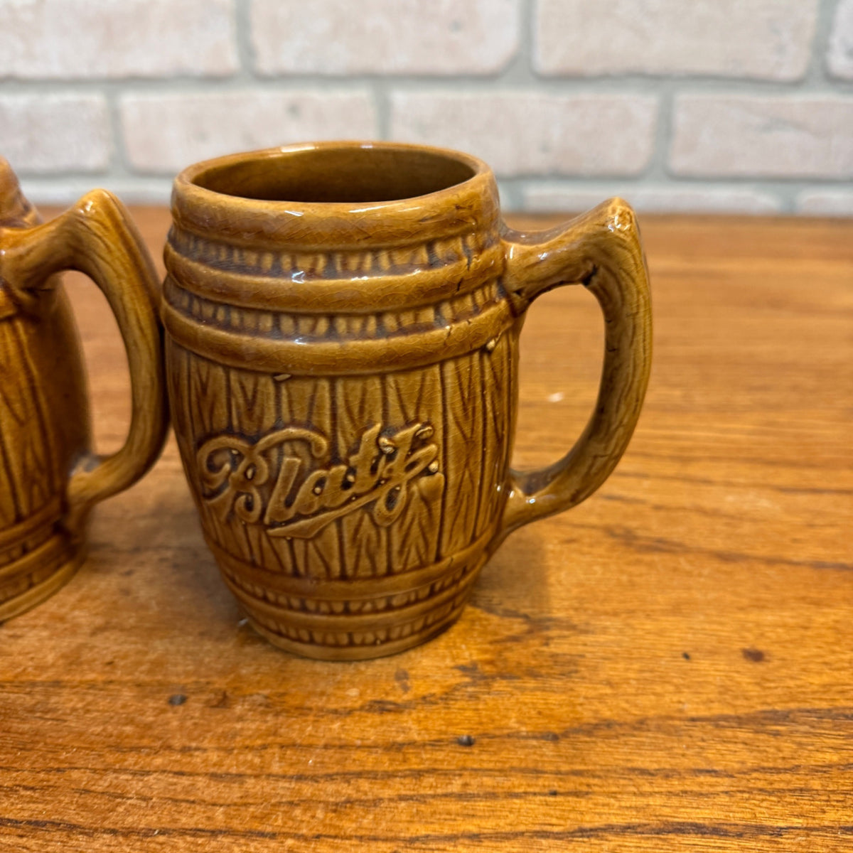 Vintage Blatz Beer Barrel Brown Ceramic Mug Stein Glazed Pottery Pair Lot (2)