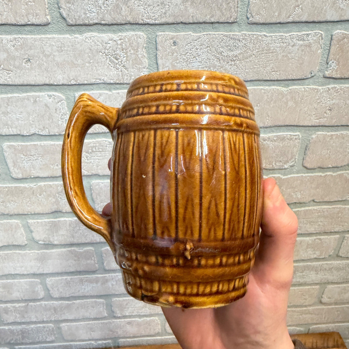 Vintage Blatz Beer Barrel Brown Ceramic Mug Stein Glazed Pottery Pair Lot (2)