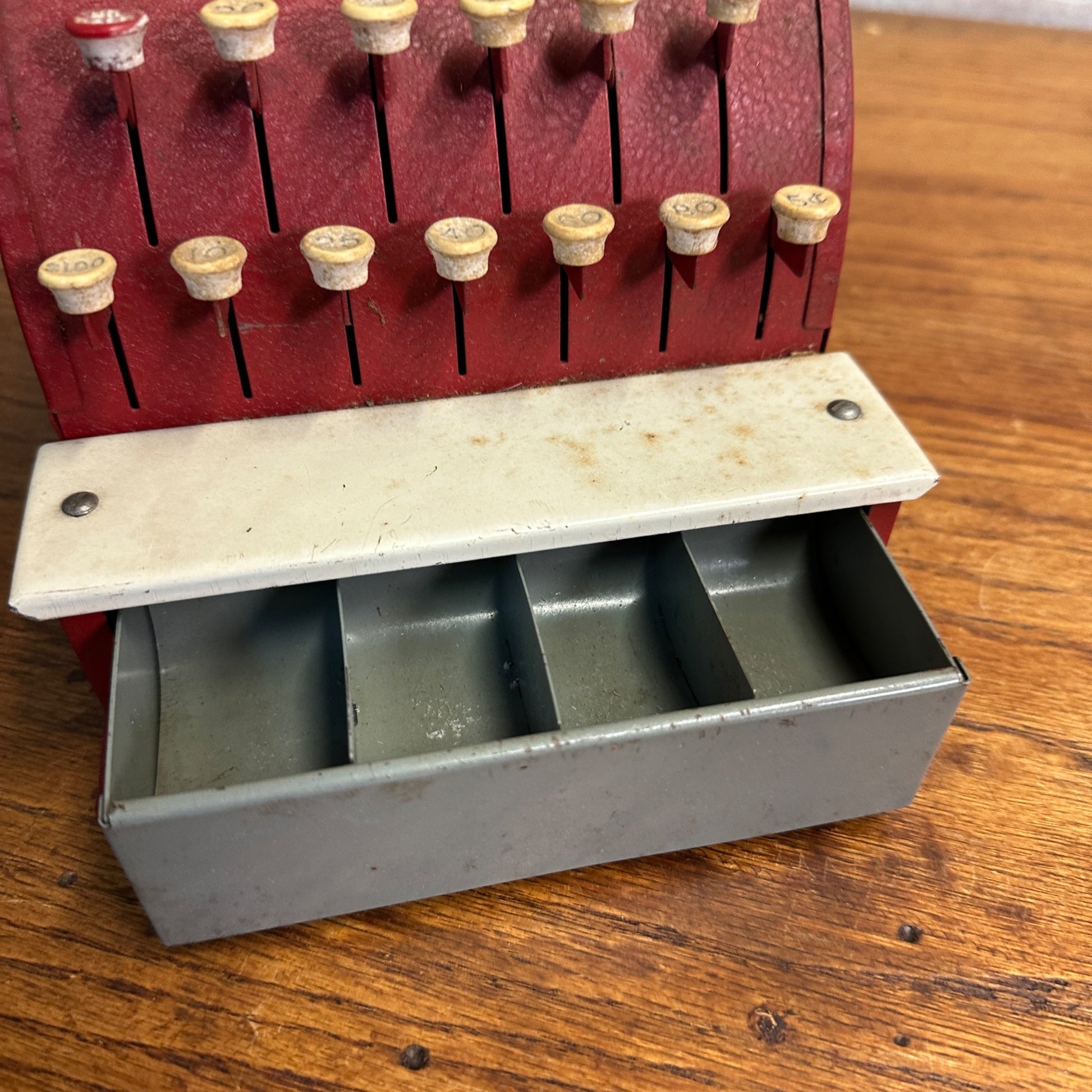 Vintage 1960s Red Pressed Metal Steel Child's Toy Cash Register - Works