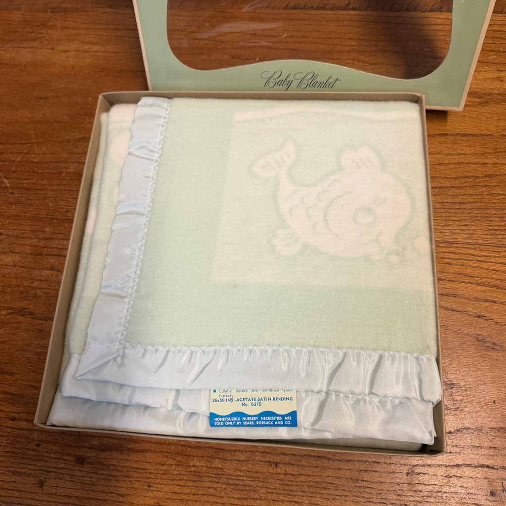 Vintage Sears Roebuck Baby Blanket NOS NEW Animals Fish Green 36x50 Deadstock
