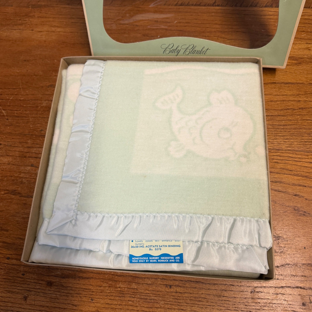 Vintage Sears Roebuck Baby Blanket NOS NEW Animals Fish Green 36x50 Deadstock