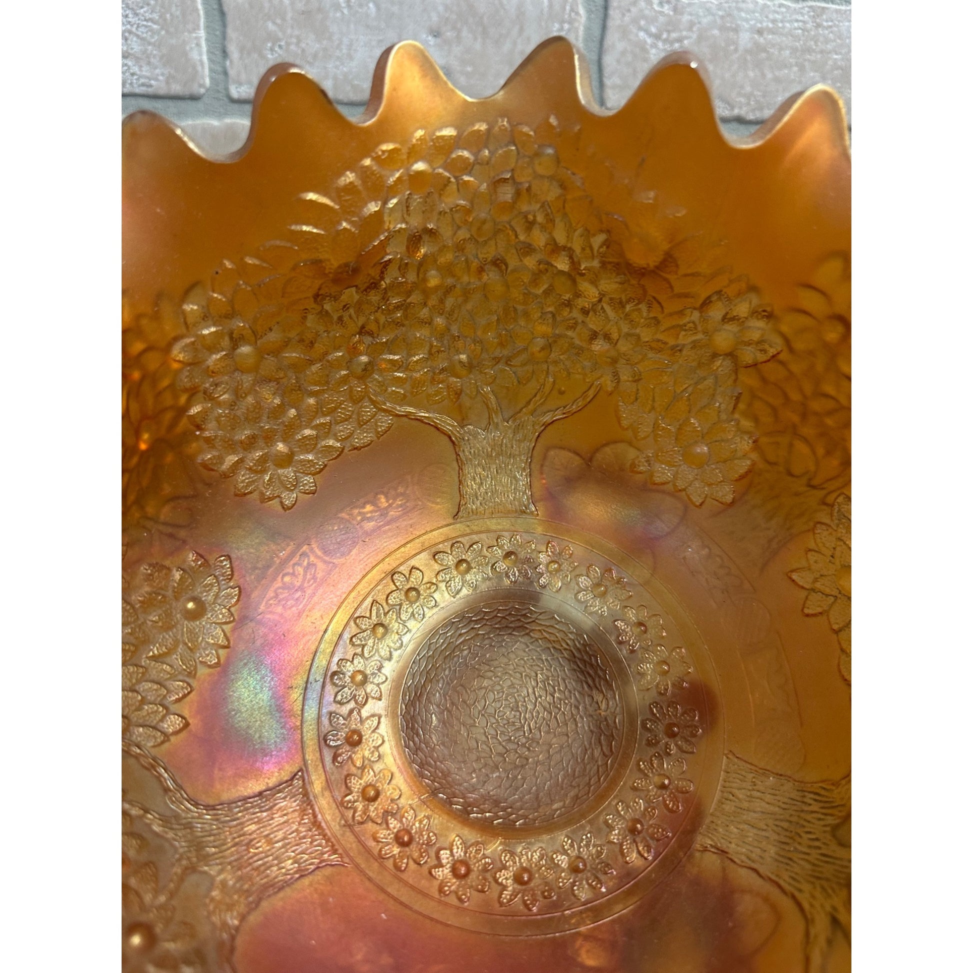 Fenton Orange Tree Marigold Carnival Glass 10" Buffet Bowl 3 Footed Ruffled Edge