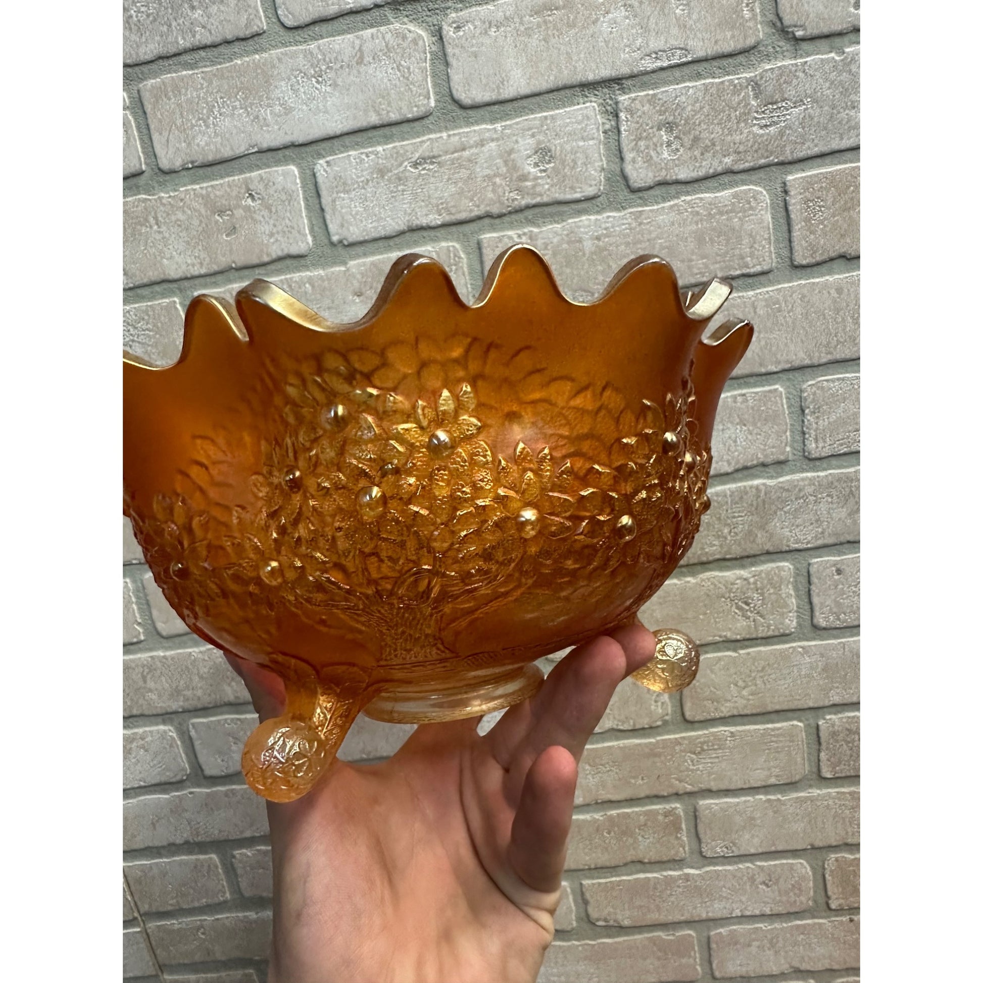 Fenton Orange Tree Marigold Carnival Glass 10" Buffet Bowl 3 Footed Ruffled Edge