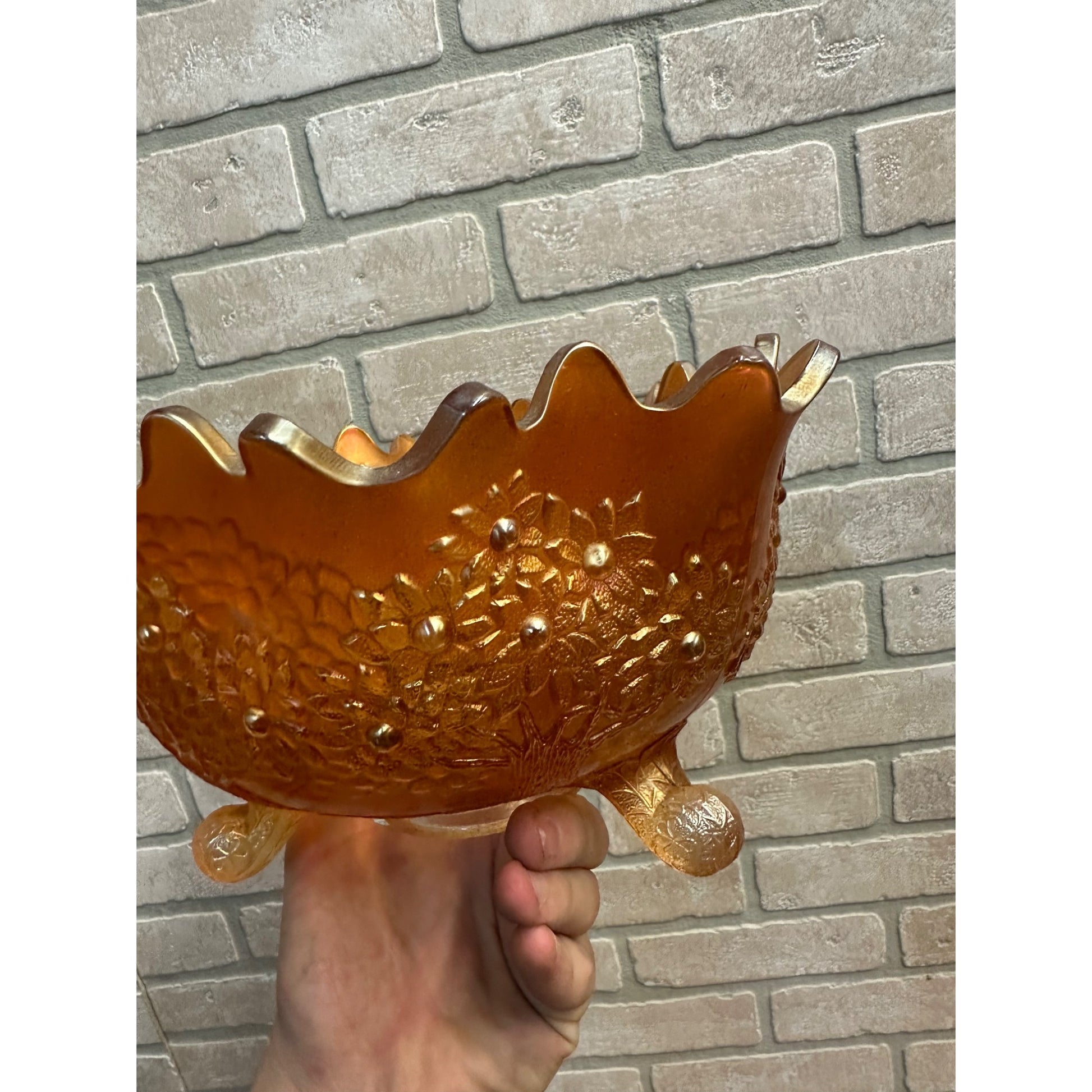 Fenton Orange Tree Marigold Carnival Glass 10" Buffet Bowl 3 Footed Ruffled Edge