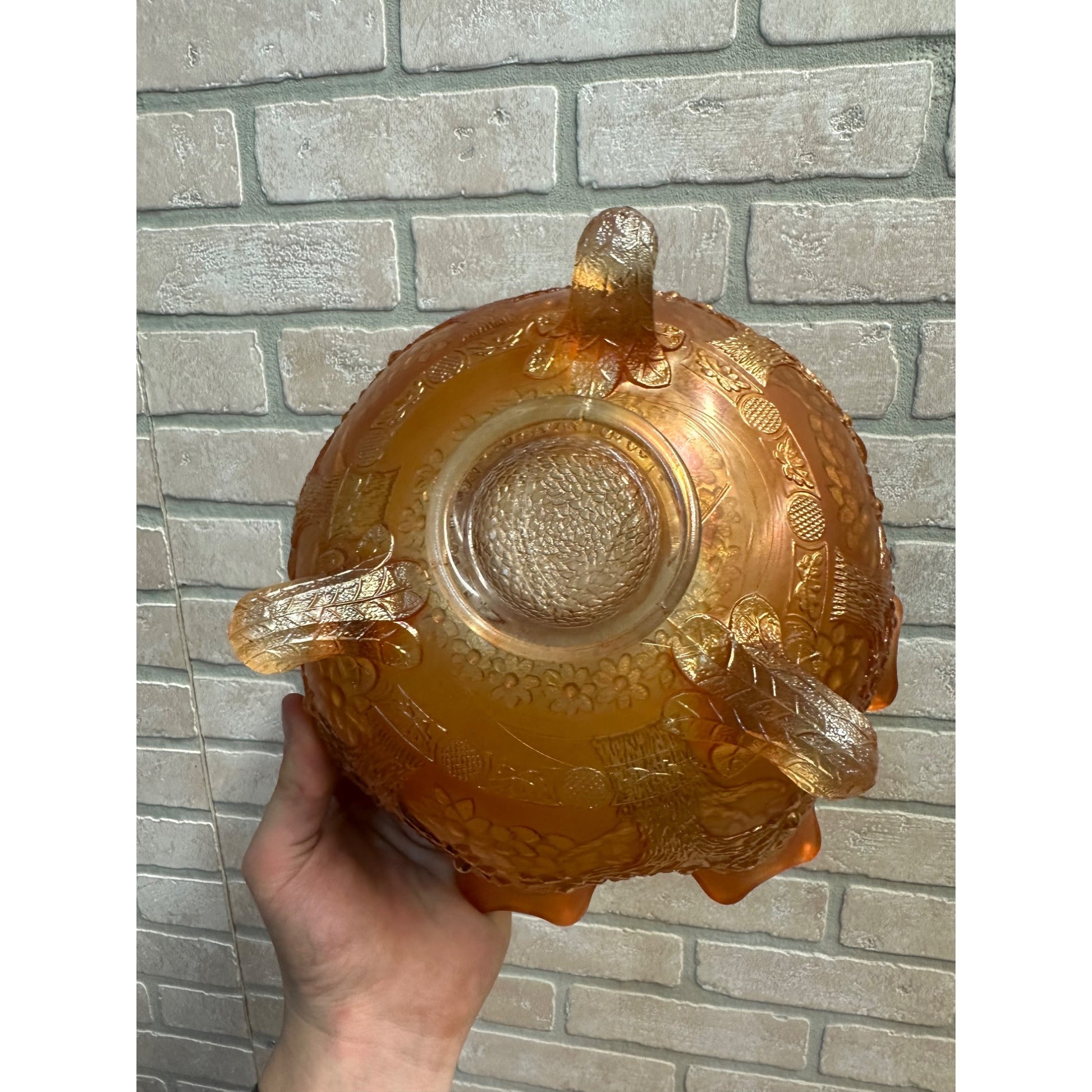 Fenton Orange Tree Marigold Carnival Glass 10" Buffet Bowl 3 Footed Ruffled Edge
