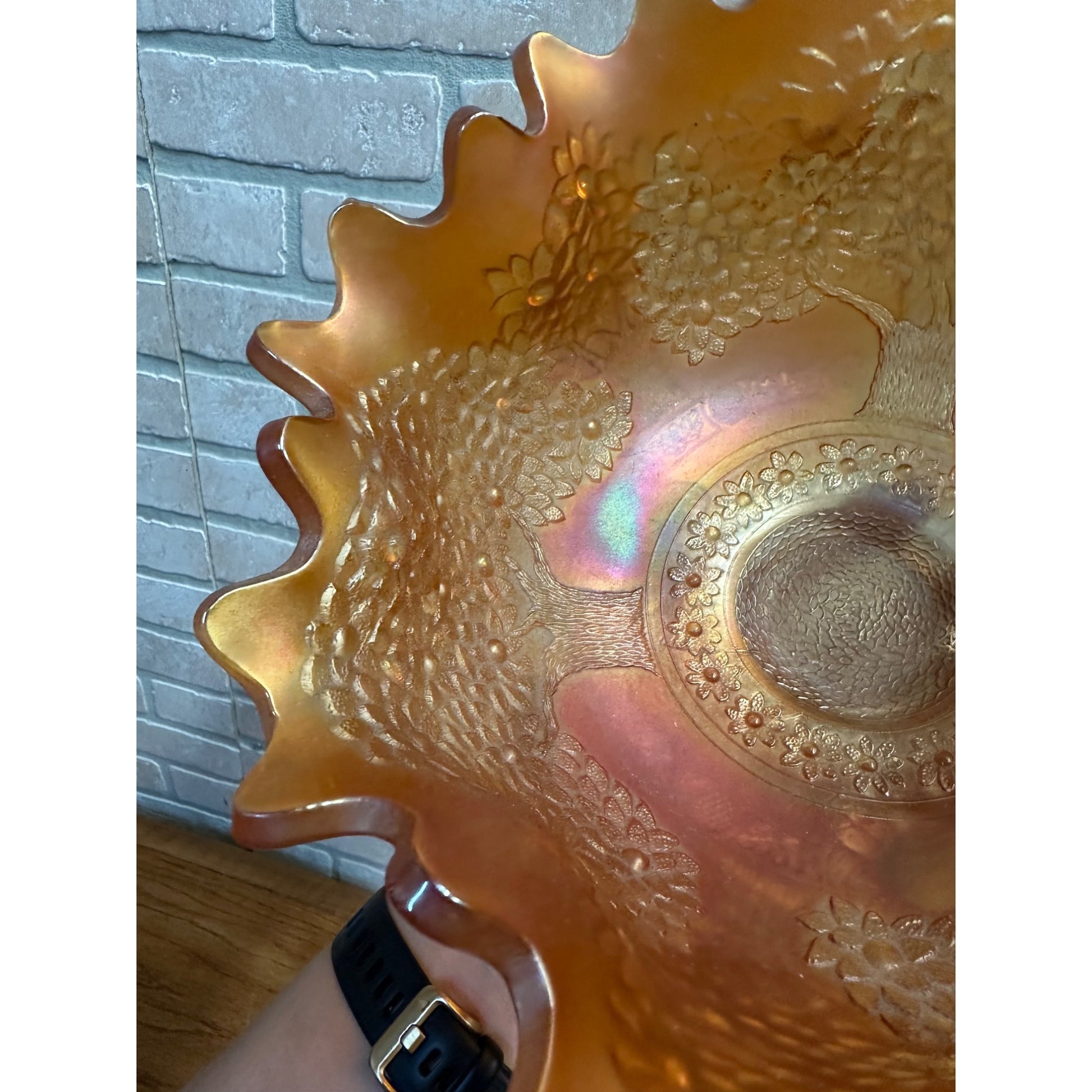 Fenton Orange Tree Marigold Carnival Glass 10" Buffet Bowl 3 Footed Ruffled Edge