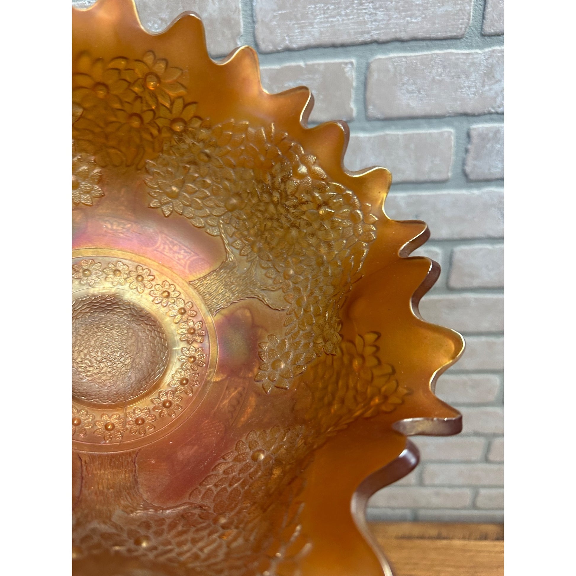 Fenton Orange Tree Marigold Carnival Glass 10" Buffet Bowl 3 Footed Ruffled Edge