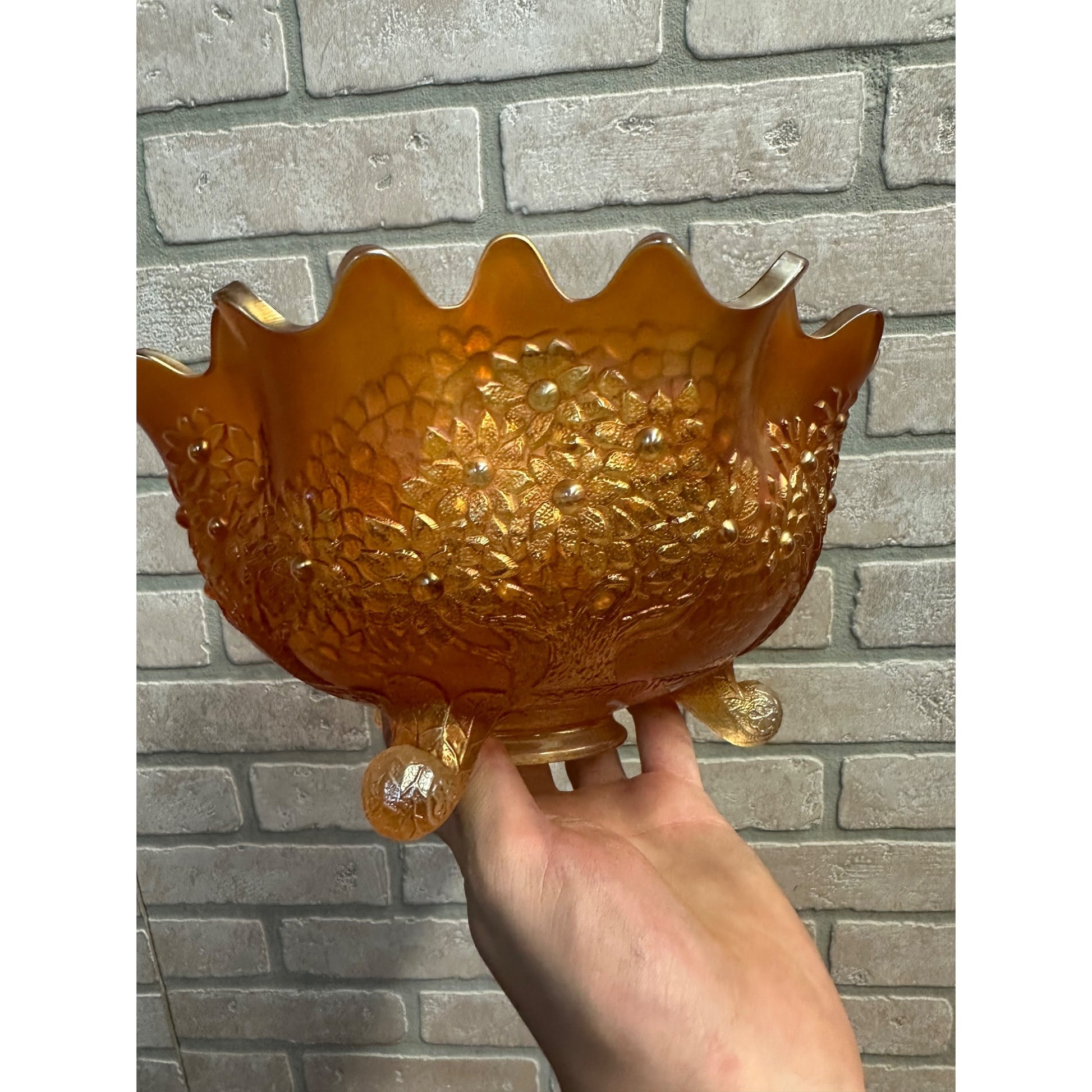 Fenton Orange Tree Marigold Carnival Glass 10" Buffet Bowl 3 Footed Ruffled Edge