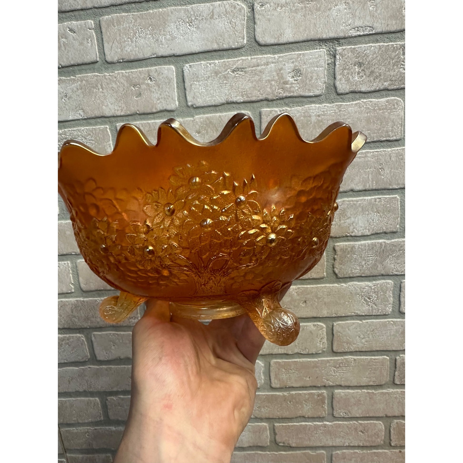 Fenton Orange Tree Marigold Carnival Glass 10" Buffet Bowl 3 Footed Ruffled Edge