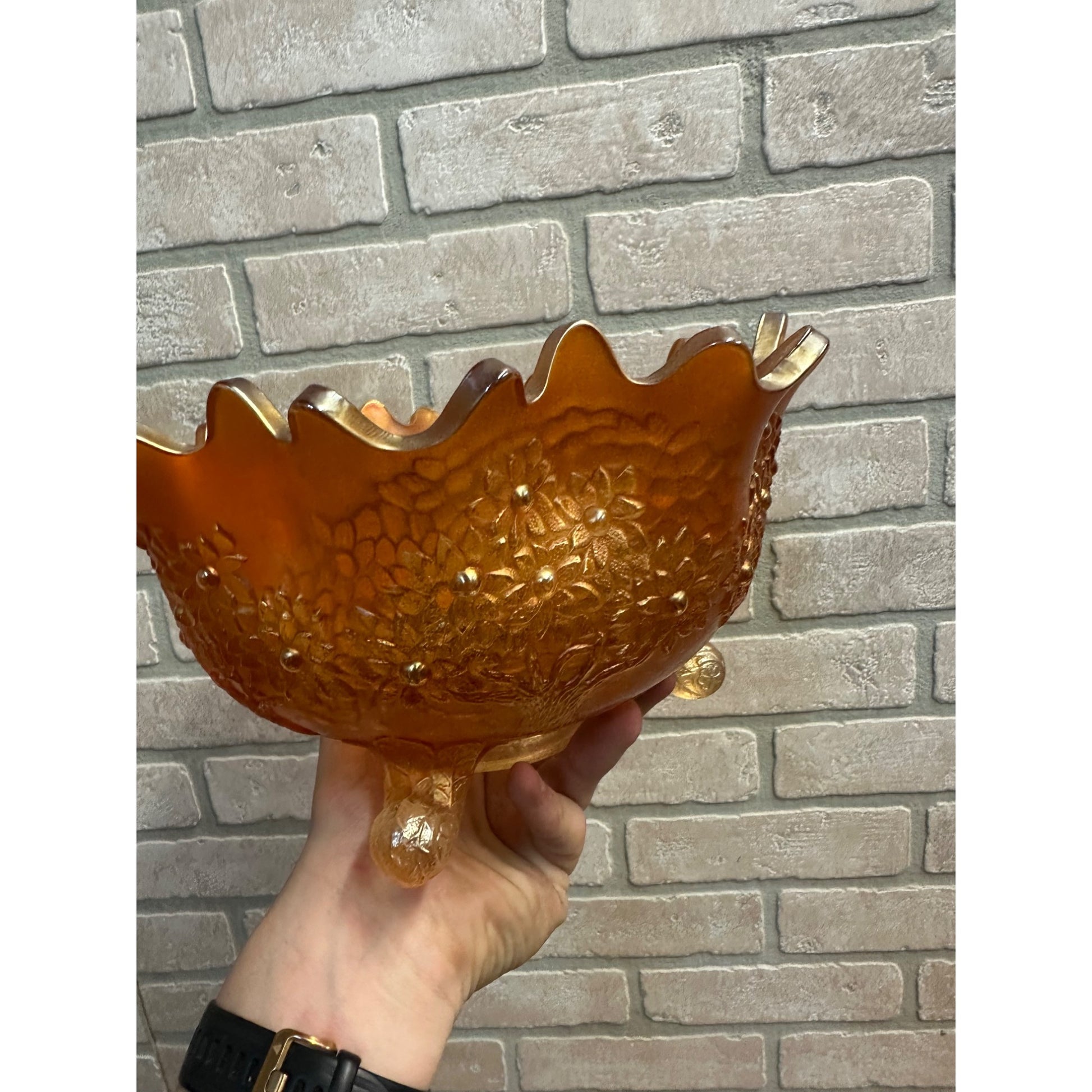 Fenton Orange Tree Marigold Carnival Glass 10" Buffet Bowl 3 Footed Ruffled Edge