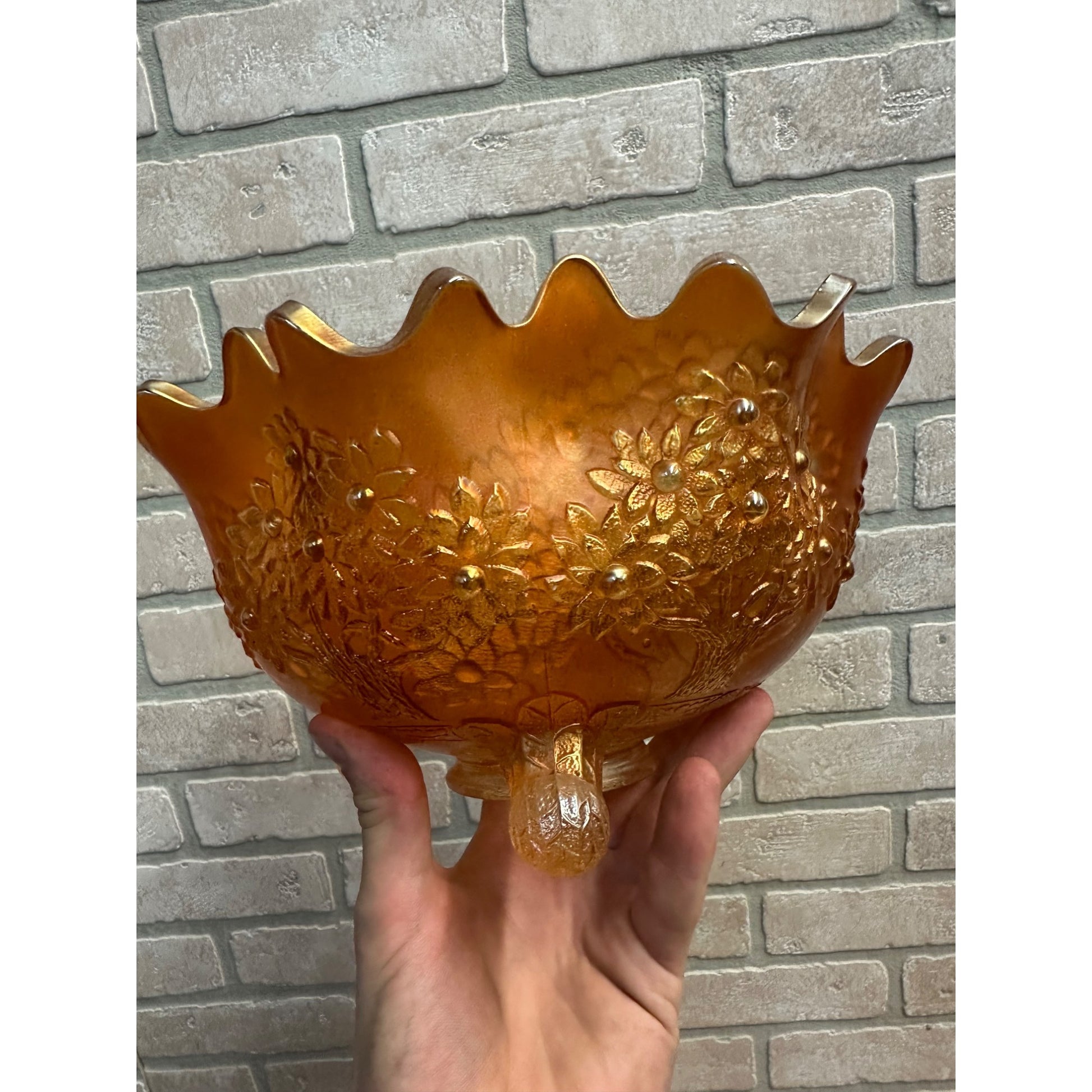 Fenton Orange Tree Marigold Carnival Glass 10" Buffet Bowl 3 Footed Ruffled Edge