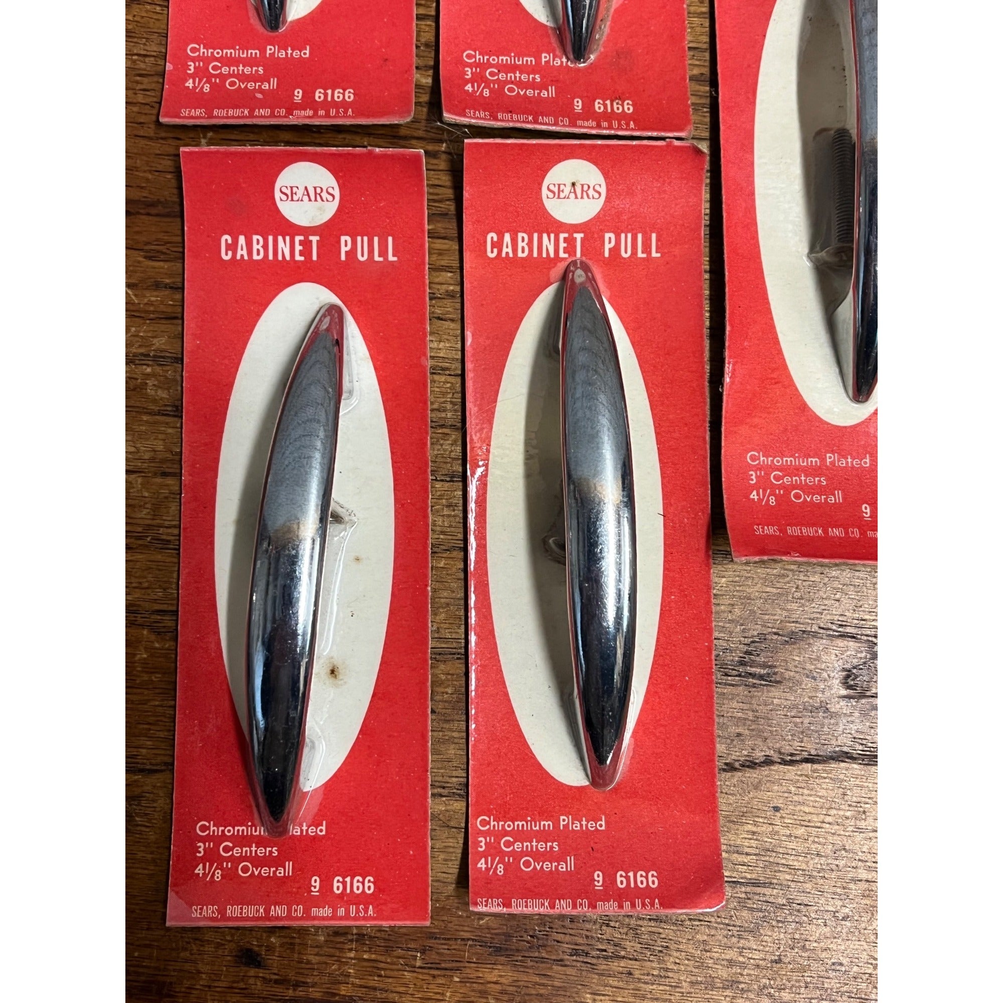 Vintage (5) Polished Chrome Sears Drawer Pulls Handles 3" Centers NEW NOS 4-1/8"