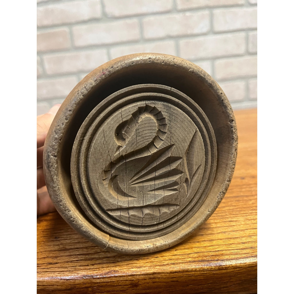 Antique Primitive 19th c. Hand Carved Full Swan Butter Mold Stamp Press Farmhouse