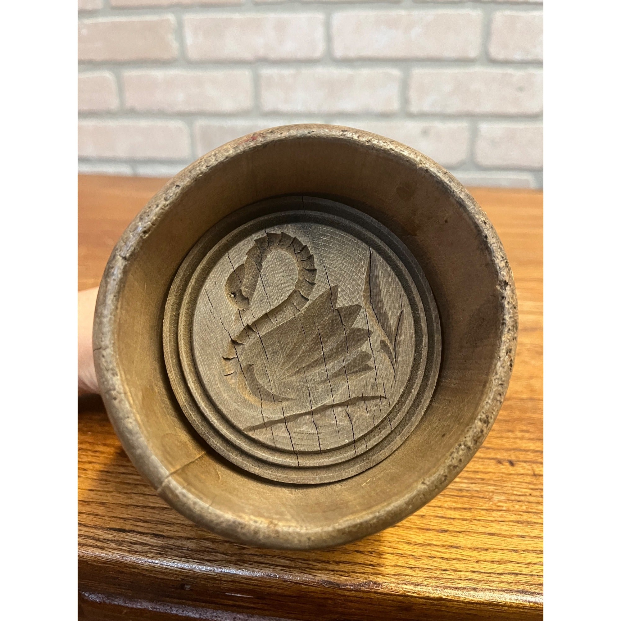 Antique Primitive 19th c. Hand Carved Full Swan Butter Mold Stamp Press Farmhouse