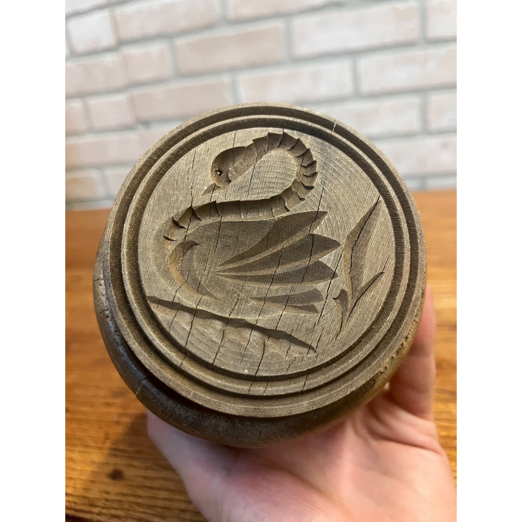 Antique Primitive 19th c. Hand Carved Full Swan Butter Mold Stamp Press Farmhouse