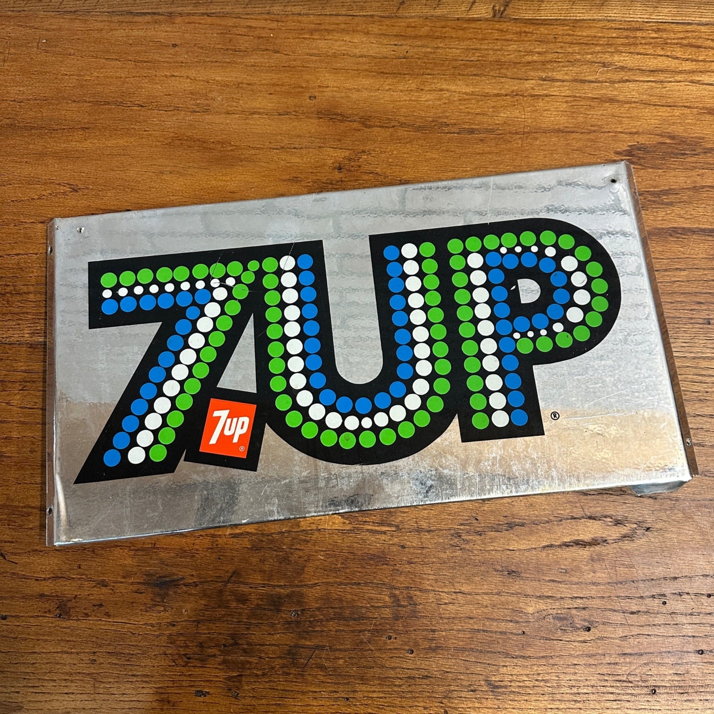 Vintage c1976 Seven-Up 7UP Soda Advertising Store Shelf Rack Sign Chrome Alloy