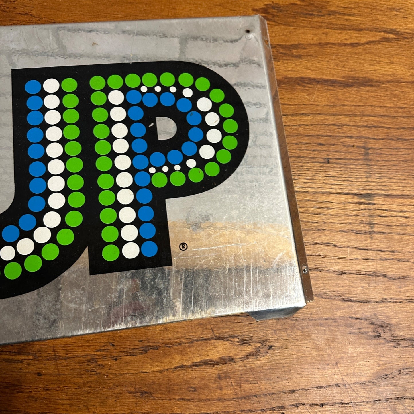 Vintage c1976 Seven-Up 7UP Soda Advertising Store Shelf Rack Sign Chrome Alloy