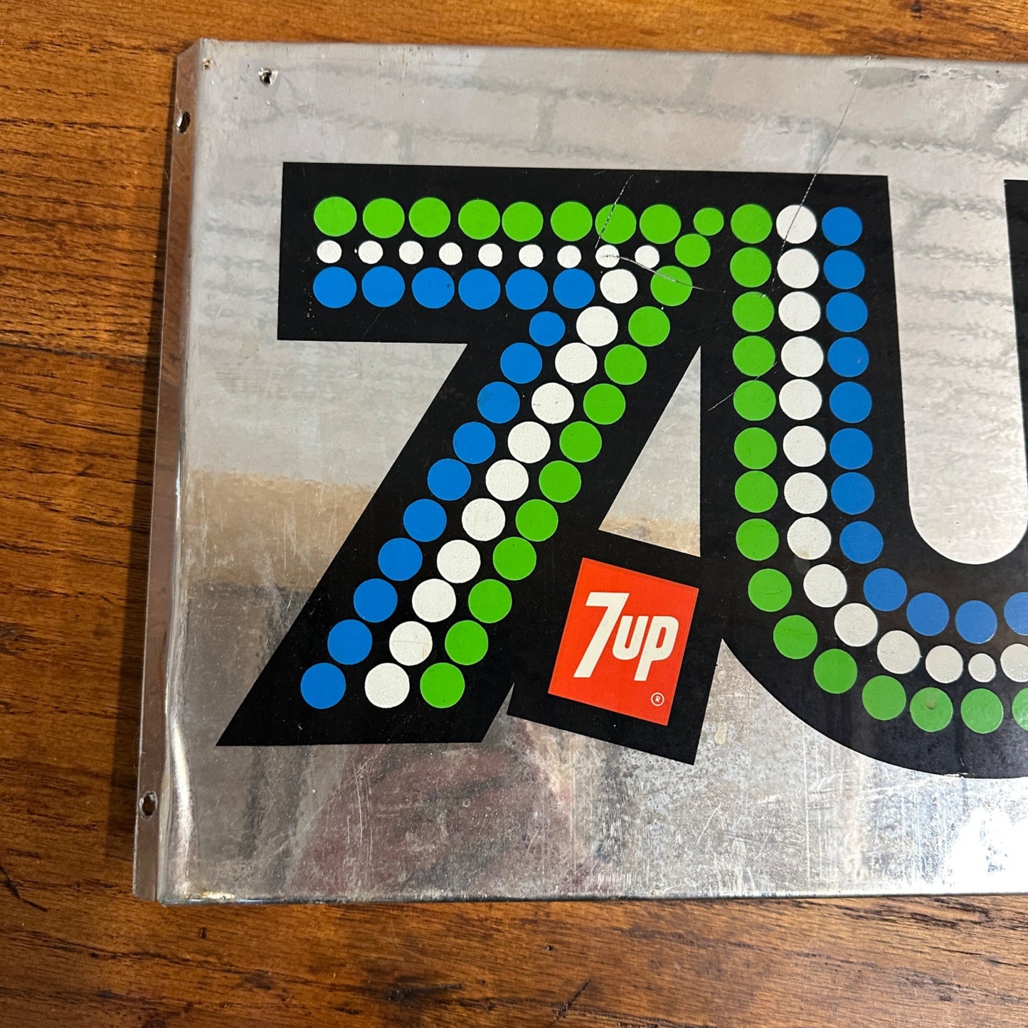 Vintage c1976 Seven-Up 7UP Soda Advertising Store Shelf Rack Sign Chrome Alloy