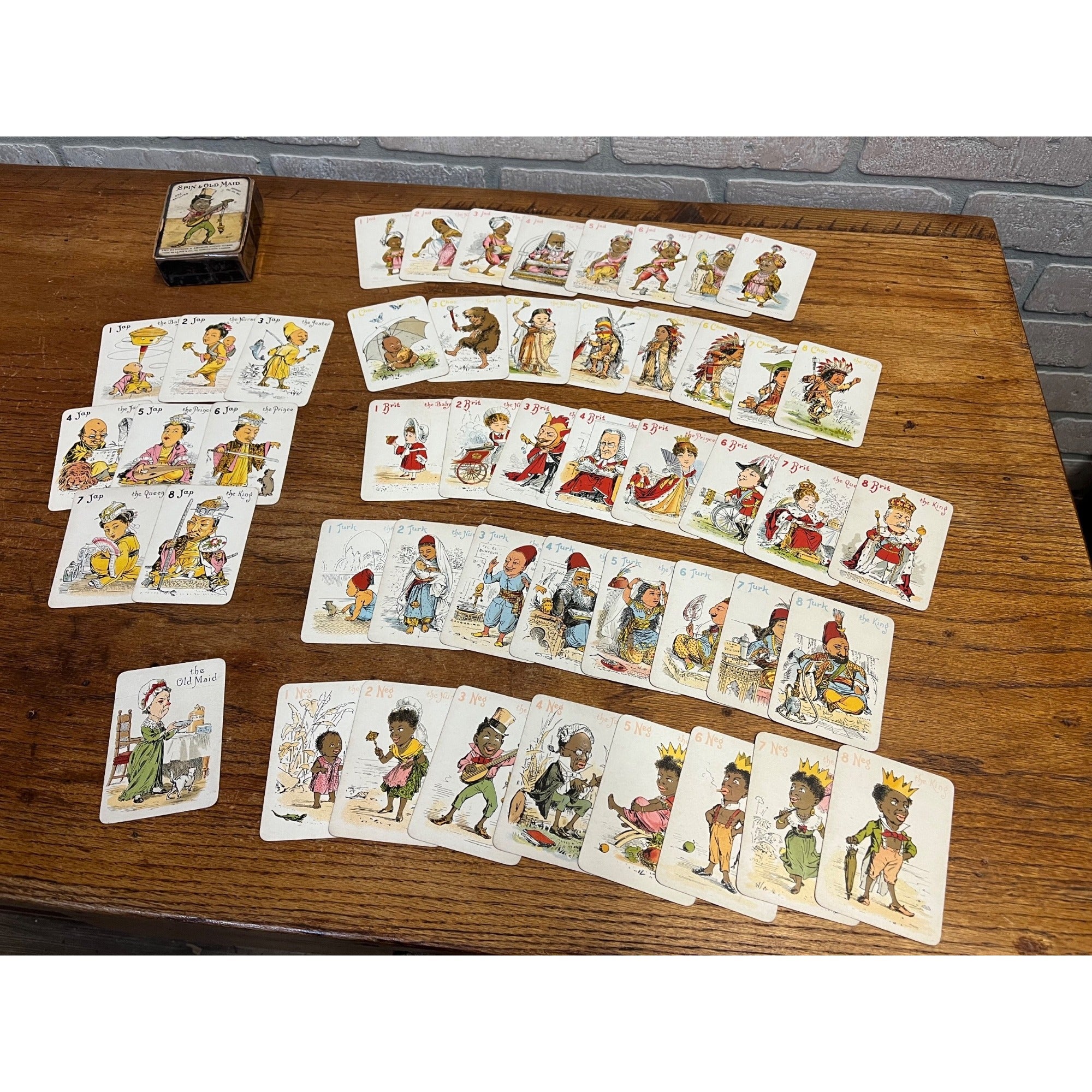Antique 1890s Antique Spin & Old Maid Playing Card Game Deck Victorian De La Rue