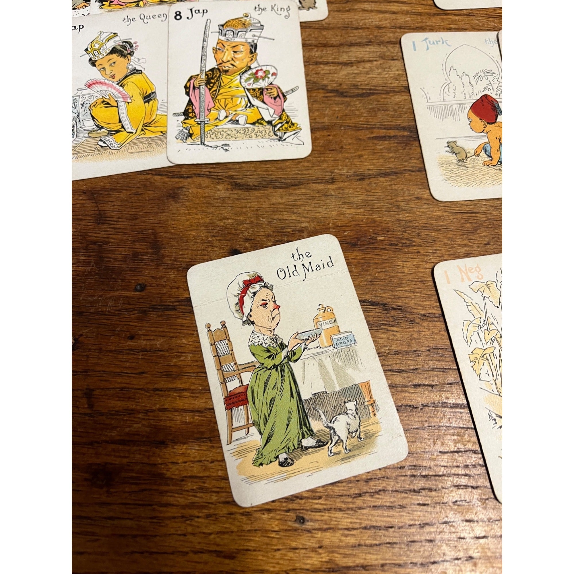 Antique 1890s Antique Spin & Old Maid Playing Card Game Deck Victorian De La Rue