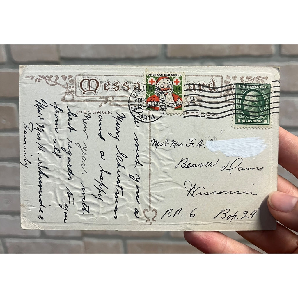 Vintage 1914 Christmas Postcard w/ Christmas Seal Tied US American Red Cross