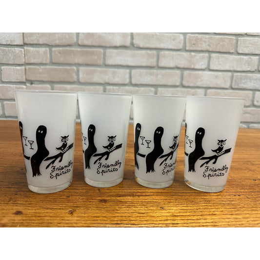 1950s HALLOWEEN FRIENDLY SPIRITS SET OF 4 GLASSES BAR SET BY FEDERAL GLASS